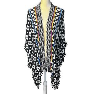 Trina Turk Swim & Spa Kimono Cover-Up Black White Geometric Pom Pom O/S NEW